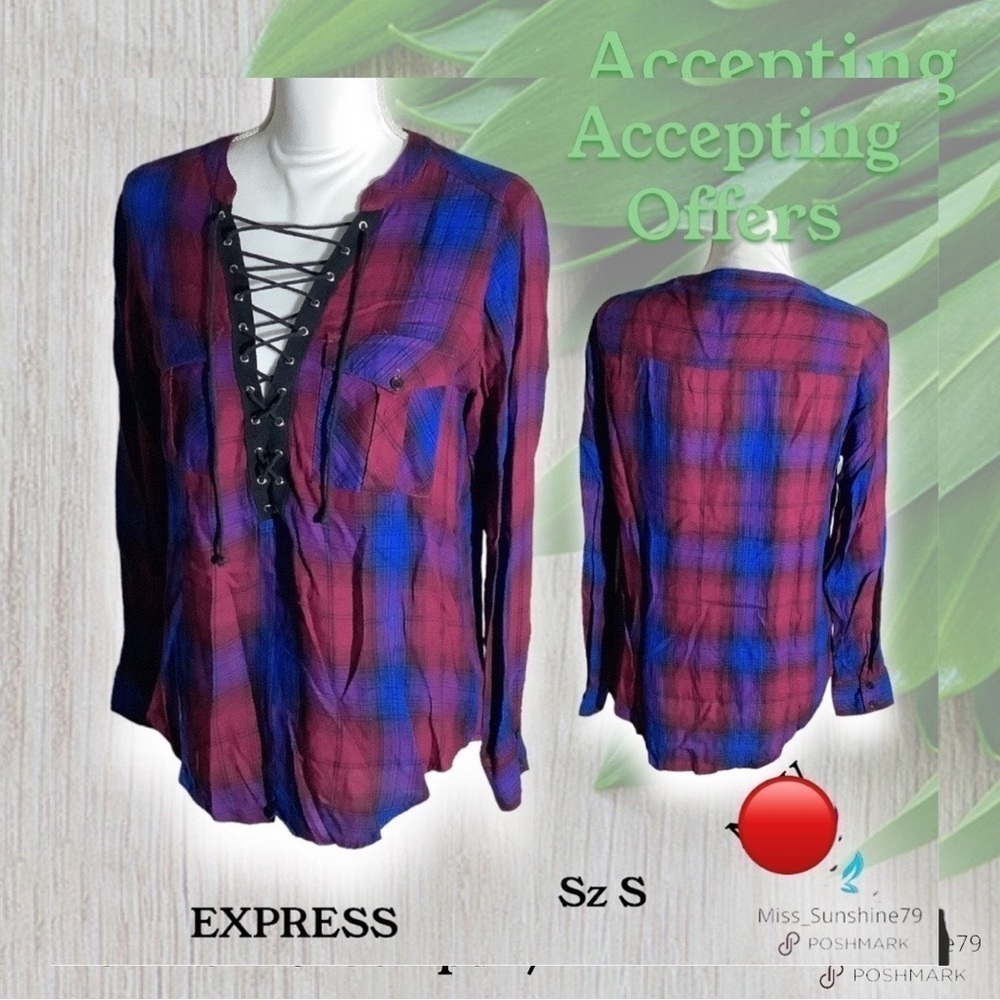 EXPRESS - Sz S - pop over plaid shirt rounded hem - super pretty & sexy - Picture 6 of 6